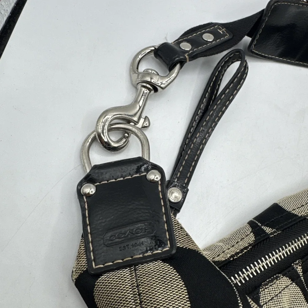 Coach F17434 Signature Stripe Hobo Satchel Purse Bag Black And Grey W/ Wallet
